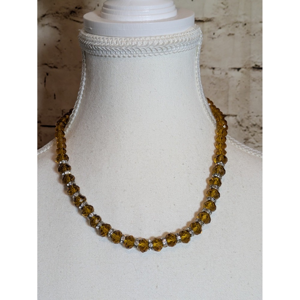 AB Aurora Borealis Beaded Necklace In Dark Honey Color Rhinestone Spacers 18"